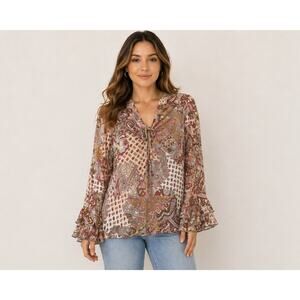 Fashion Bug Paisley Tie Front Blouse Womens Medium NWT Boho Bell Sleeve Sheer